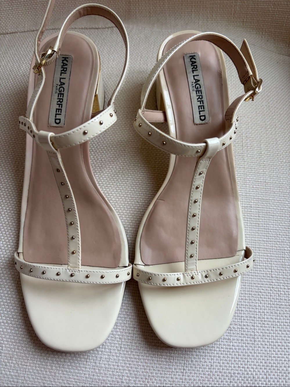 Karl Lagerfeld Cream Studded T-Strap Heels